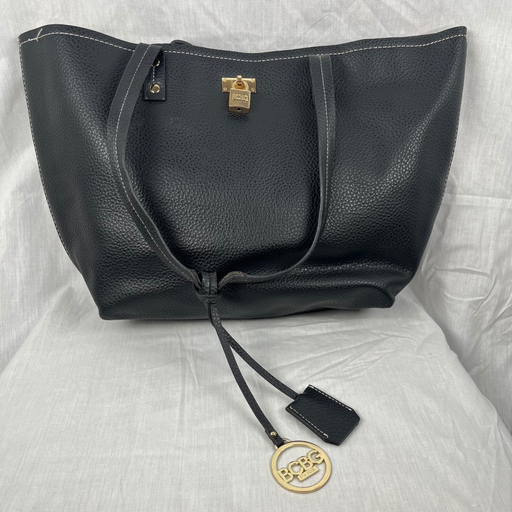 BCBG Paris Black Faux Leather Lock Charm Detail Tote Bag Shopper‎